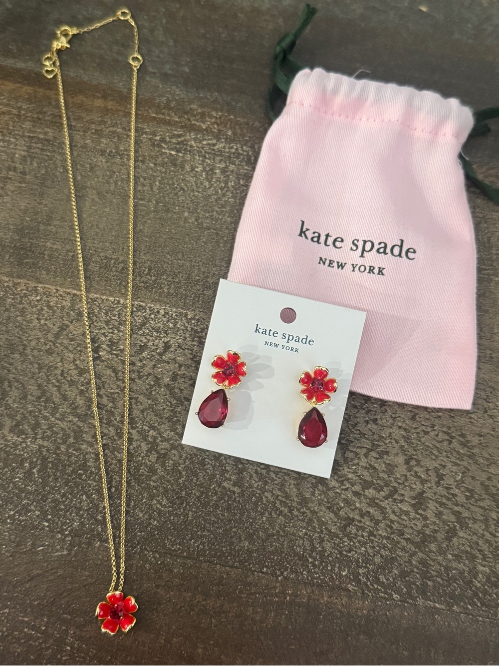 kate spade Gold-Tone Necklace with Red Flower Pendant and Red Teardrop Earrings